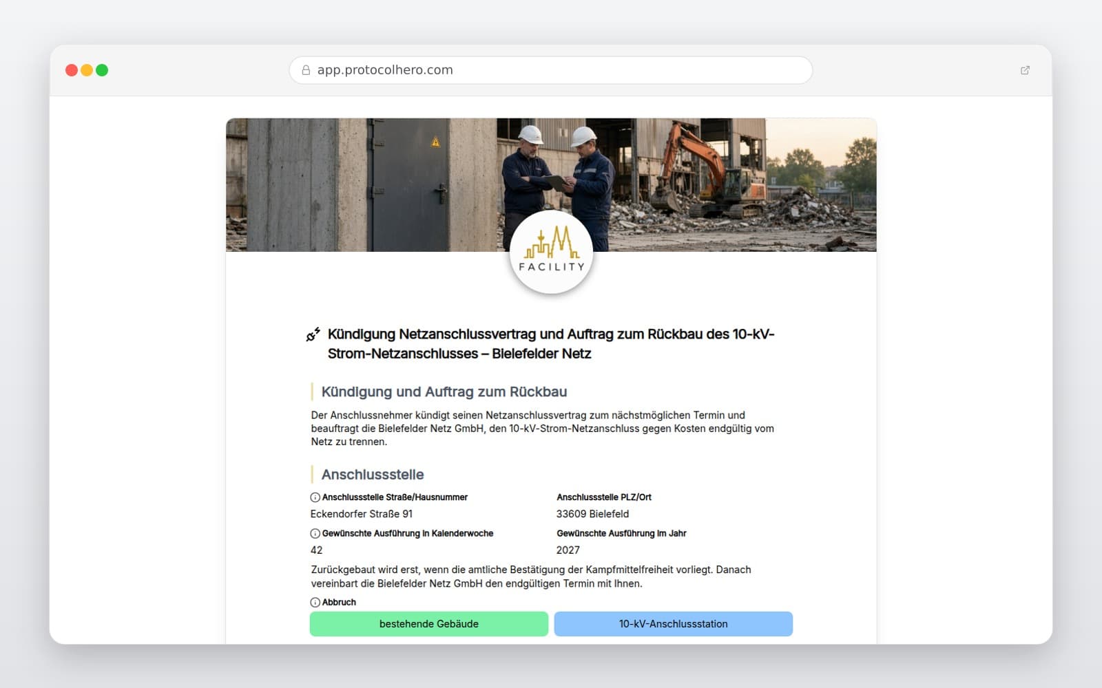 Vorschau der Vorlage „Kündigung Netzanschlussvertrag und Auftrag zum Rückbau des 10-kV-Strom-Netzanschlusses – Bielefelder Netz"