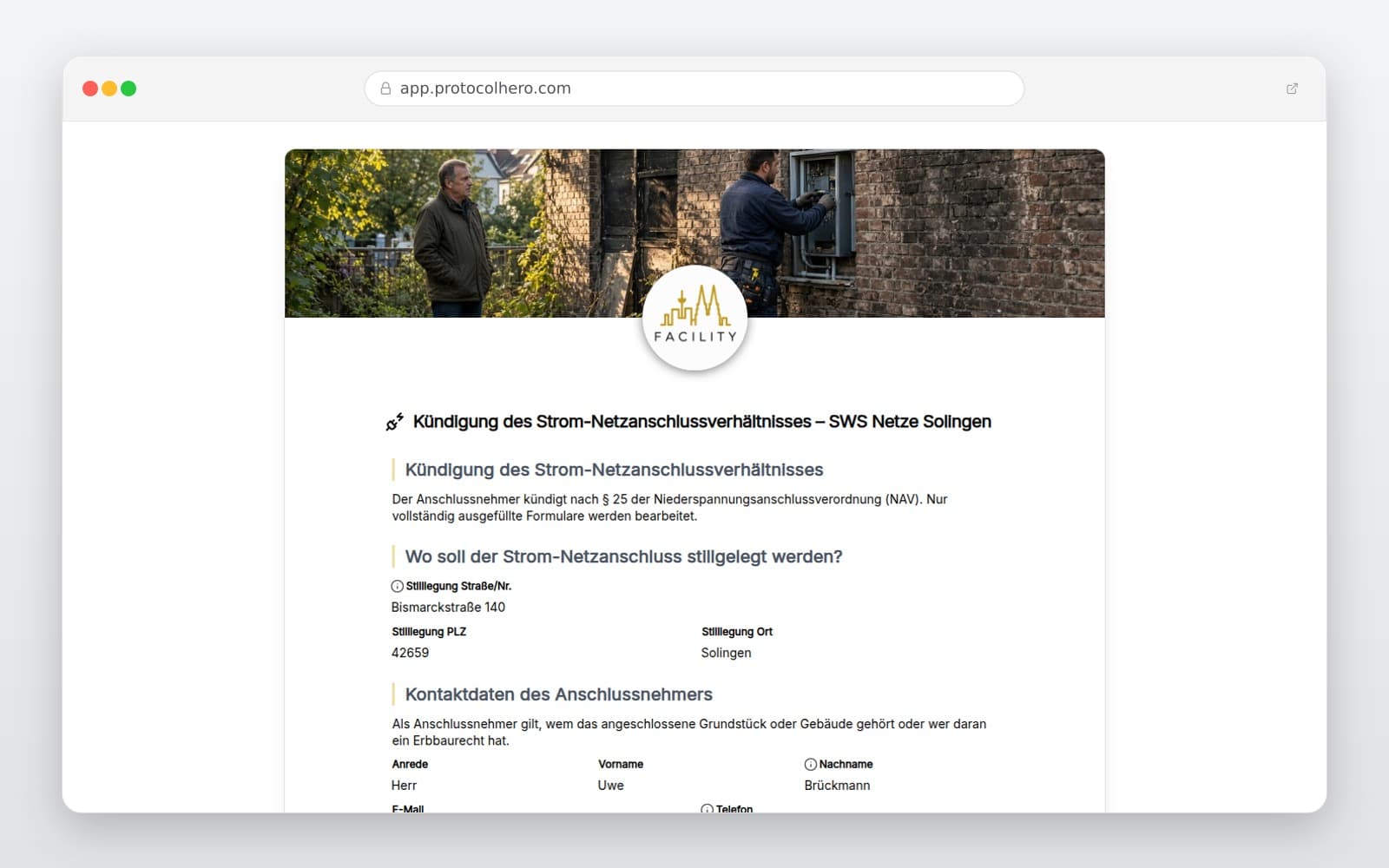 Vorschau der Vorlage „Kündigung des Strom-Netzanschlussverhältnisses – SWS Netze Solingen"