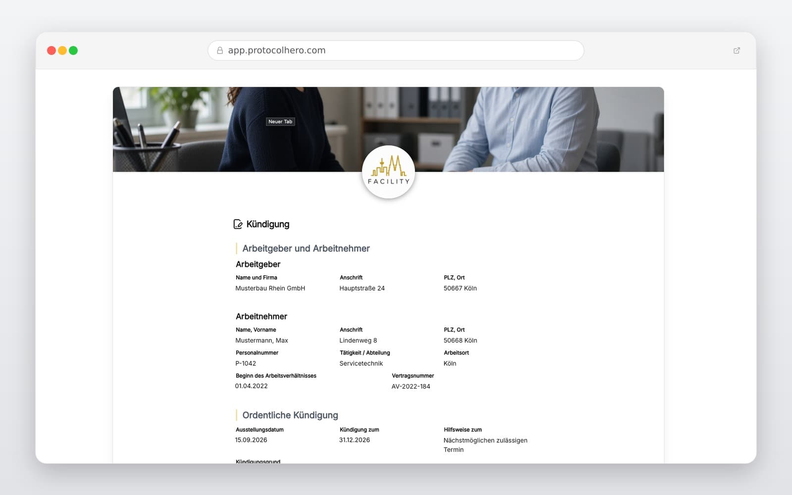 Vorschau der Vorlage „Kündigung Vorlage für Arbeitgeber – digital ausfüllen"
