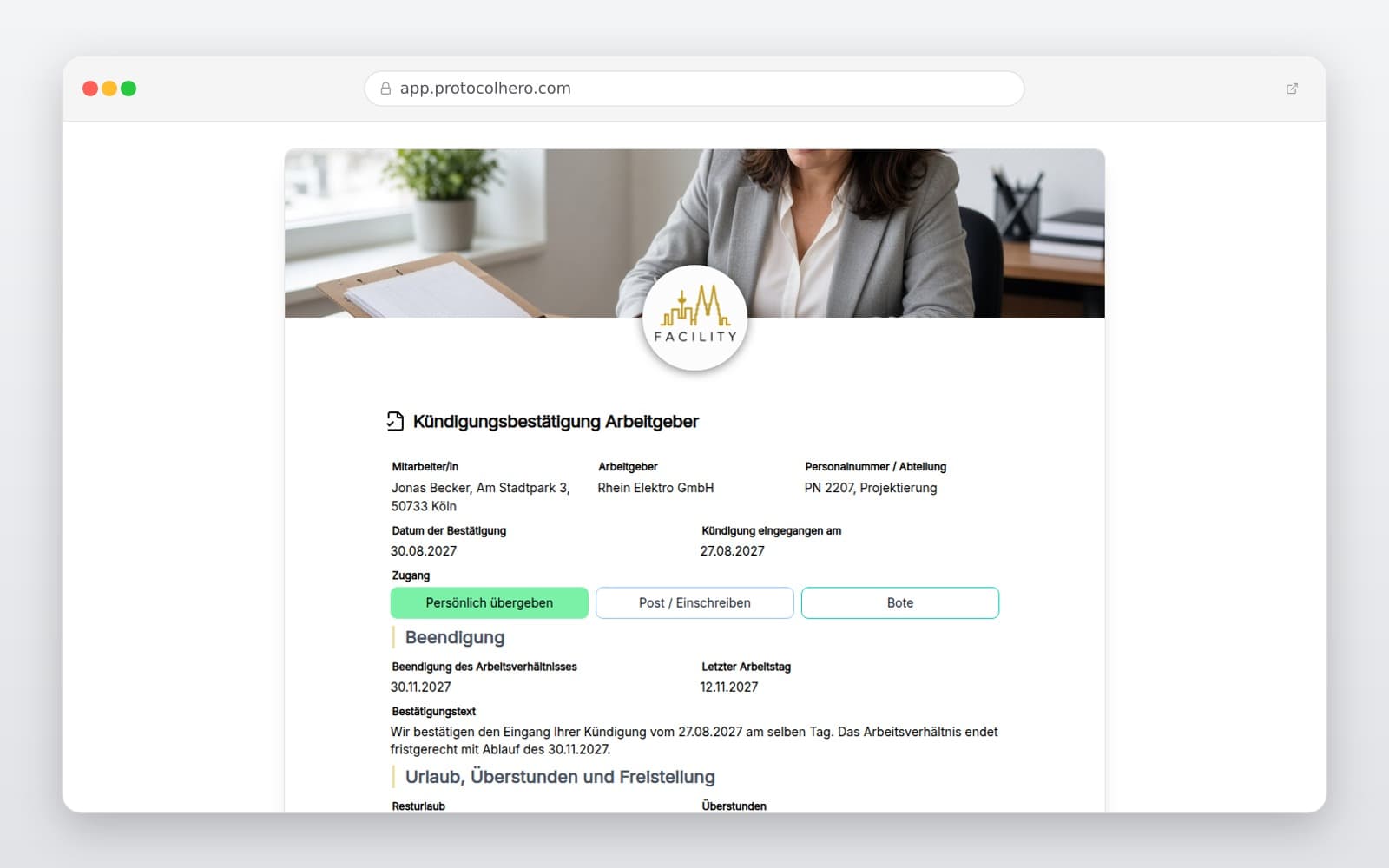 Vorschau der Vorlage „Kündigungsbestätigung Arbeitgeber"
