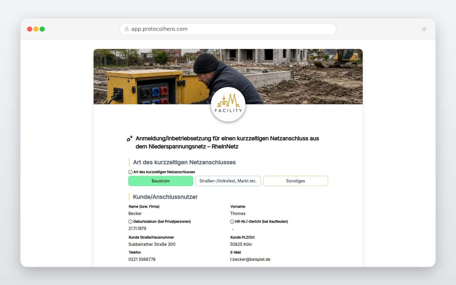 Vorschau der Vorlage „Anmeldung/Inbetriebsetzung für einen kurzzeitigen Netzanschluss aus dem Niederspannungsnetz – RheinNetz"