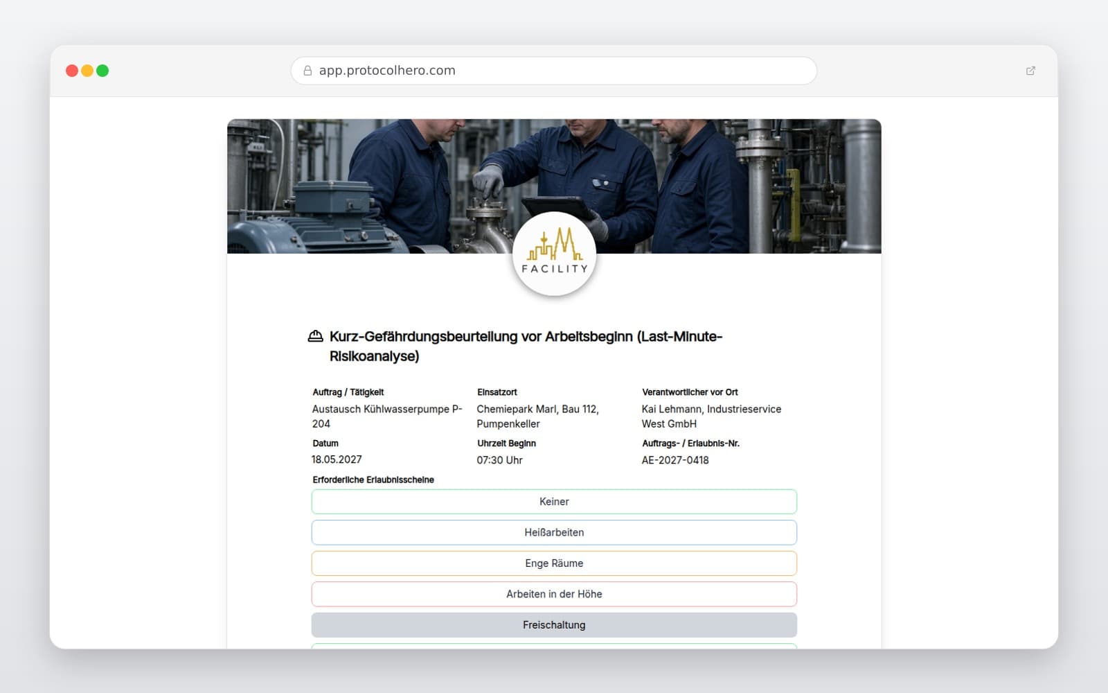 Vorschau der Vorlage „Kurz-Gefährdungsbeurteilung vor Arbeitsbeginn (Last-Minute-Risikoanalyse)"