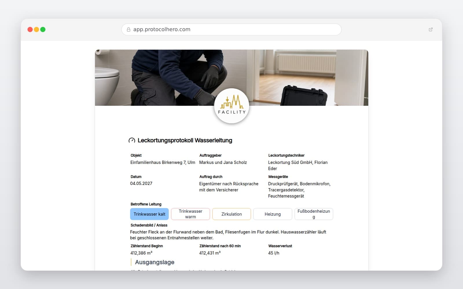 Vorschau der Vorlage „Leckortungsprotokoll Wasserleitung"