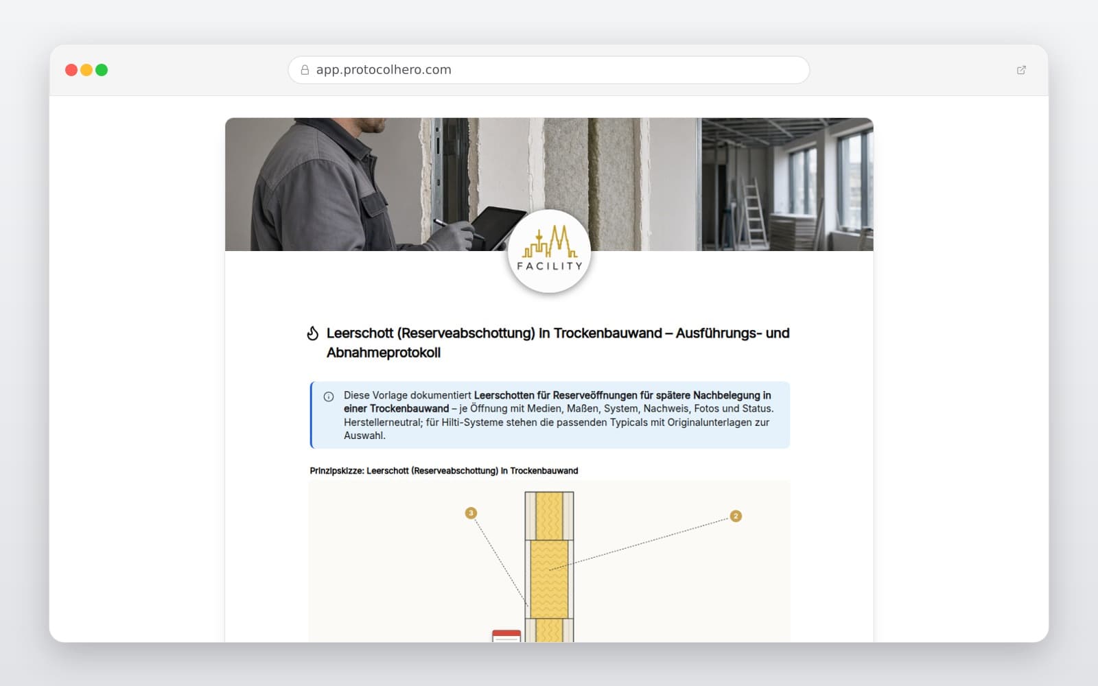 Vorschau der Vorlage „Leerschott (Reserveabschottung) in Trockenbauwand – Ausführungs- und Abnahmeprotokoll"