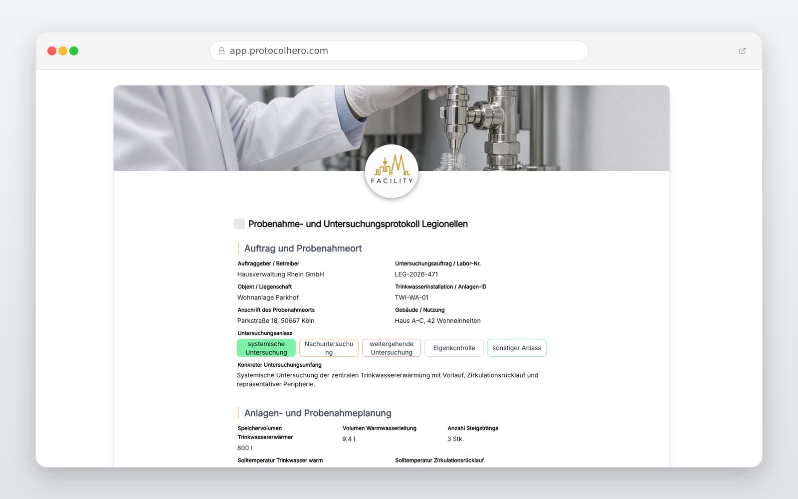 Vorschau der Vorlage „Legionellen Probenahmeprotokoll – Vorlage für Trinkwasseruntersuchung nach DIN EN ISO 19458"