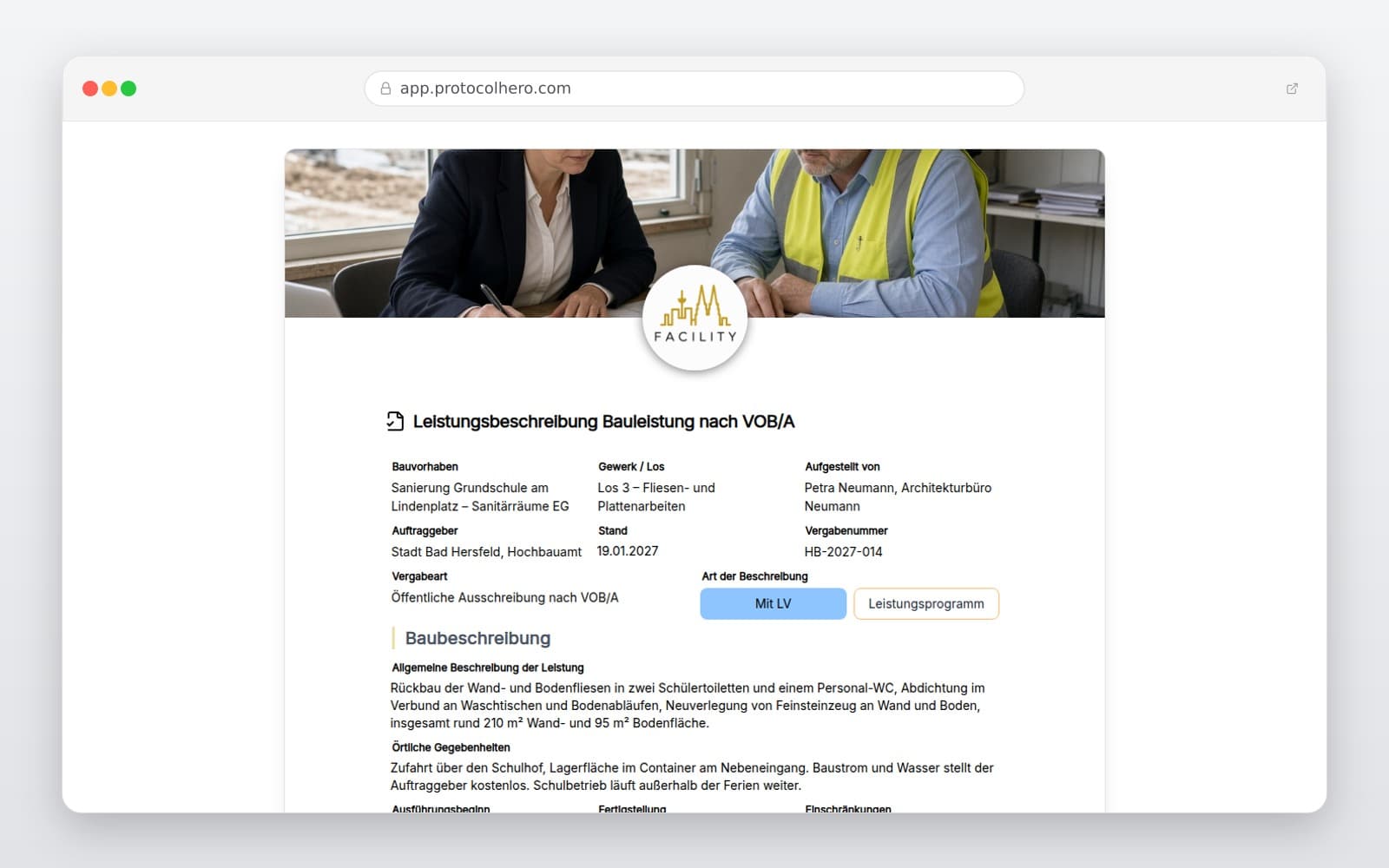Vorschau der Vorlage „Leistungsbeschreibung Bauleistung nach VOB/A"