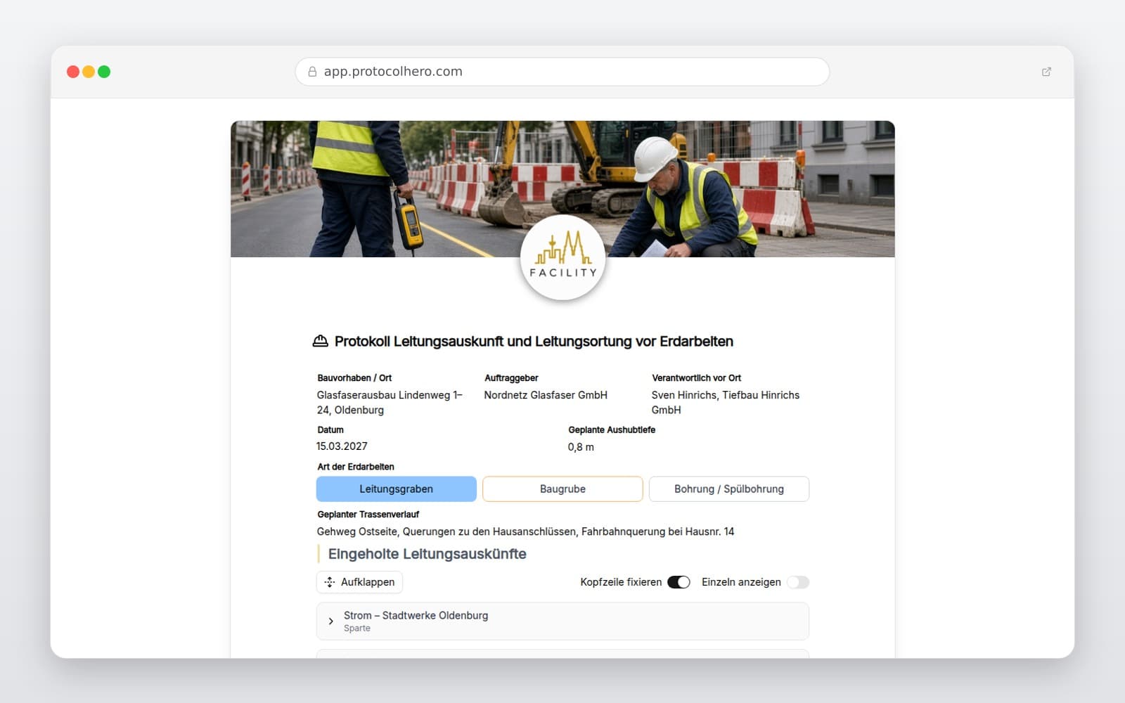Vorschau der Vorlage „Protokoll Leitungsauskunft und Leitungsortung vor Erdarbeiten"