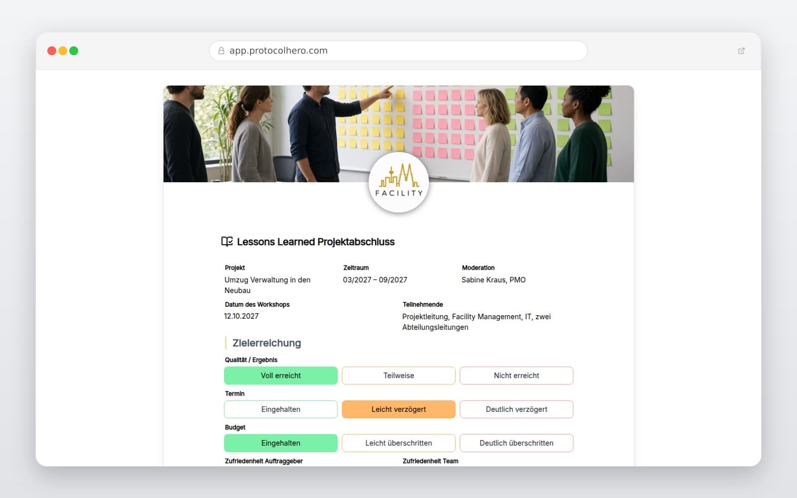 Vorschau der Vorlage „Lessons Learned Projektabschluss"