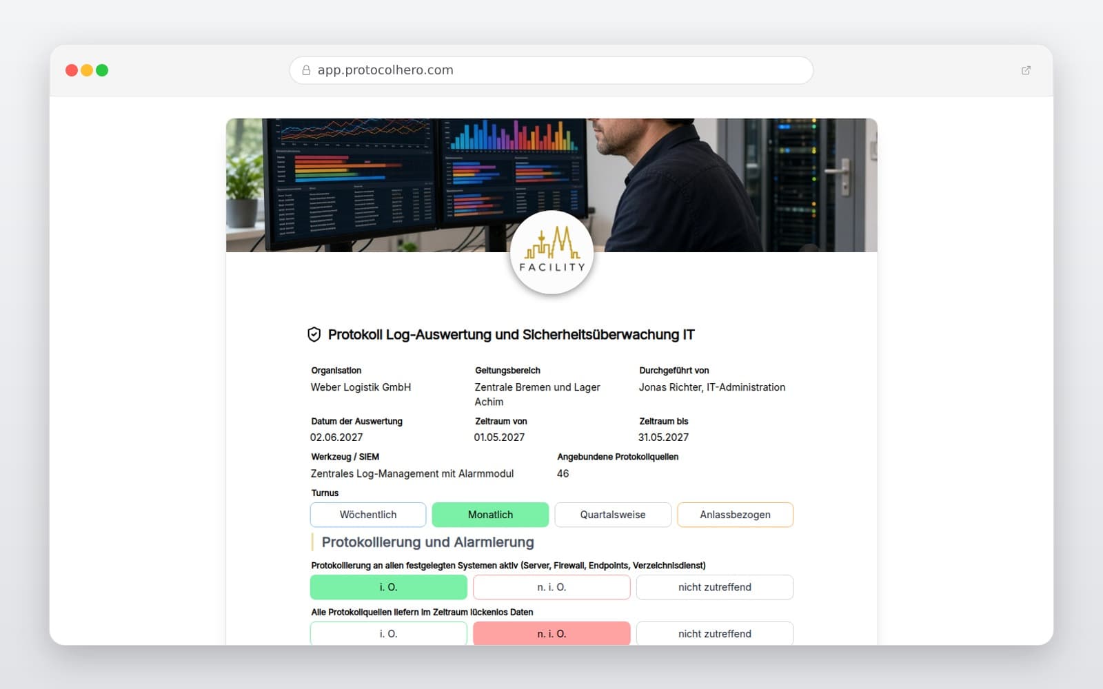 Vorschau der Vorlage „Protokoll Log-Auswertung und Sicherheitsüberwachung IT"
