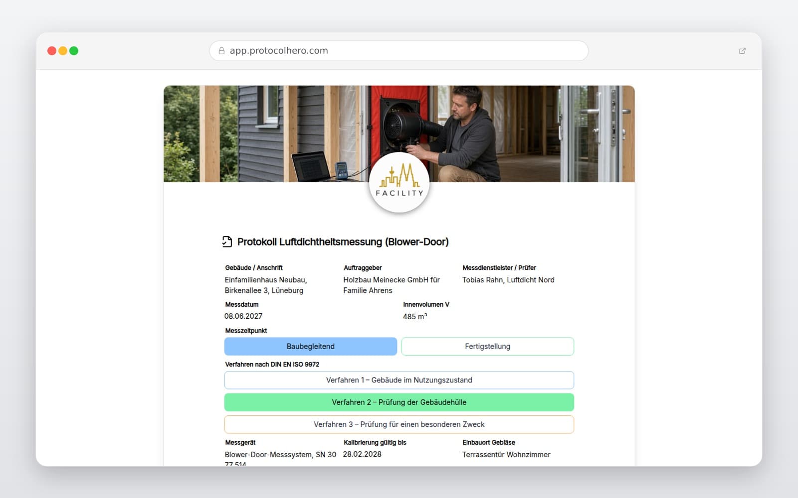 Vorschau der Vorlage „Protokoll Luftdichtheitsmessung (Blower-Door)"