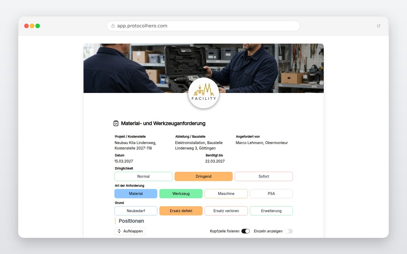 Vorschau der Vorlage „Material- und Werkzeuganforderung"