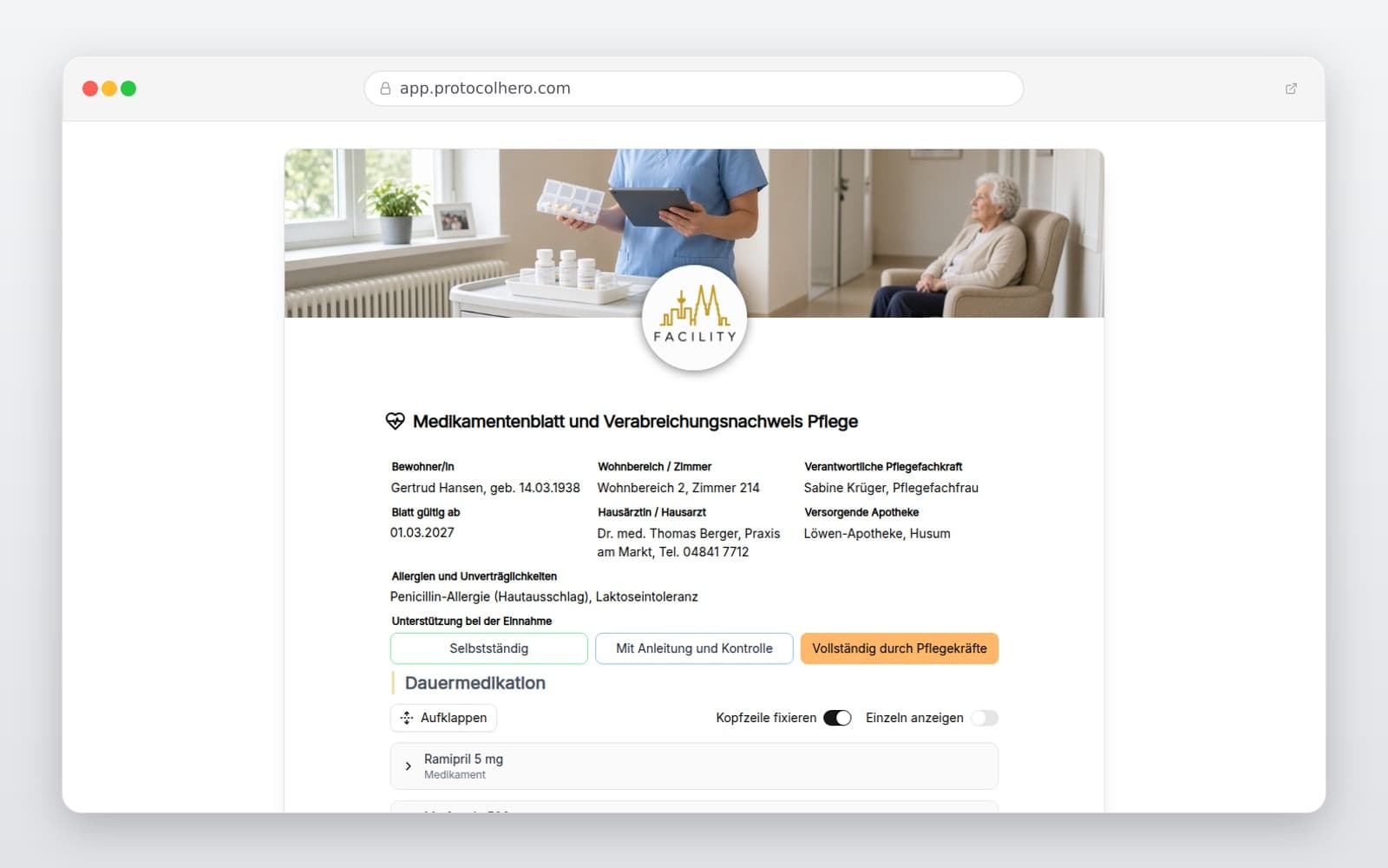 Vorschau der Vorlage „Medikamentenblatt und Verabreichungsnachweis Pflege"