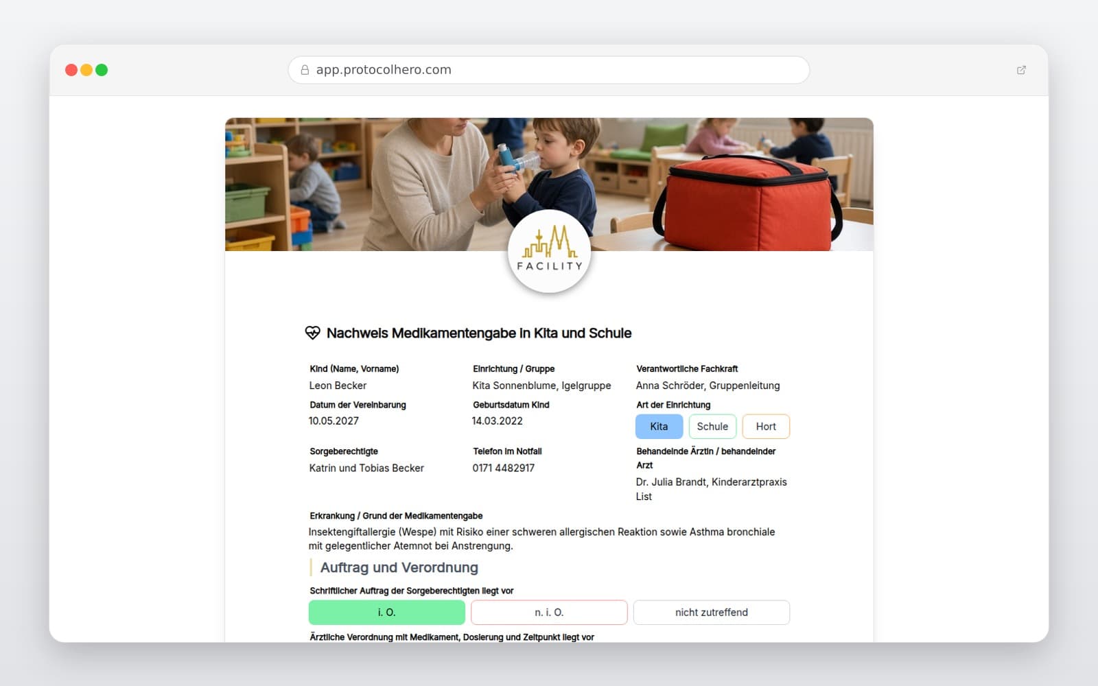 Vorschau der Vorlage „Nachweis Medikamentengabe in Kita und Schule"