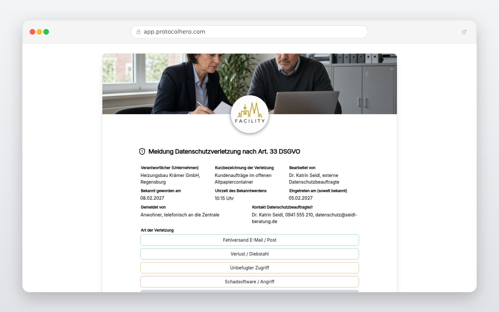 Vorschau der Vorlage „Meldung Datenschutzverletzung nach Art. 33 DSGVO"