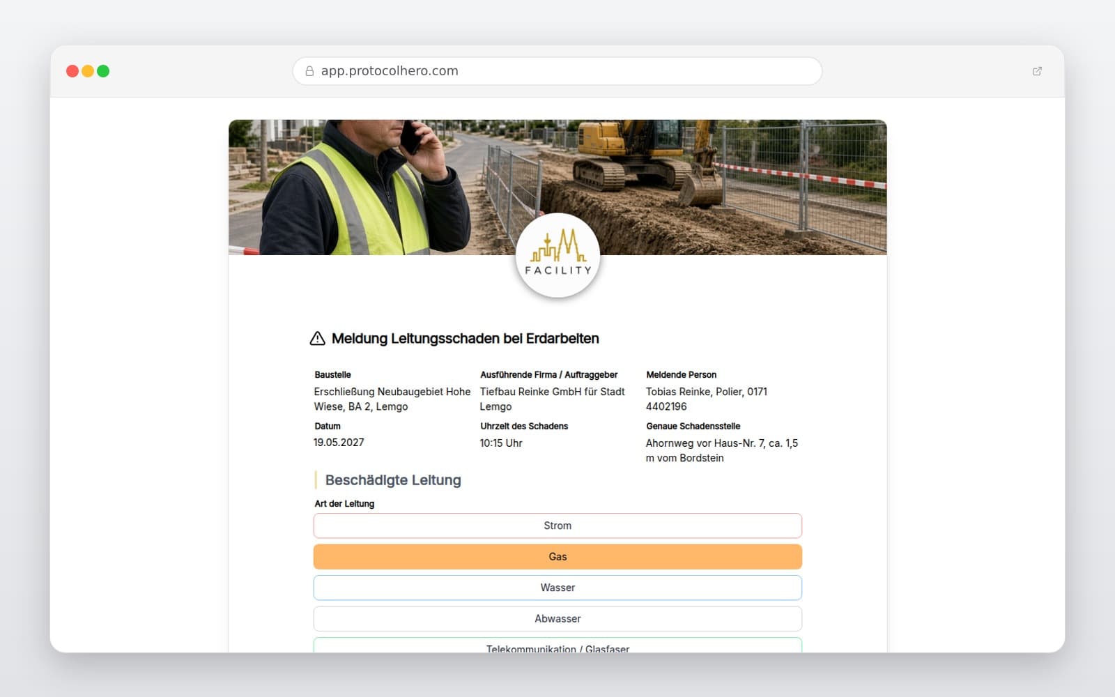Vorschau der Vorlage „Meldung Leitungsschaden bei Erdarbeiten"