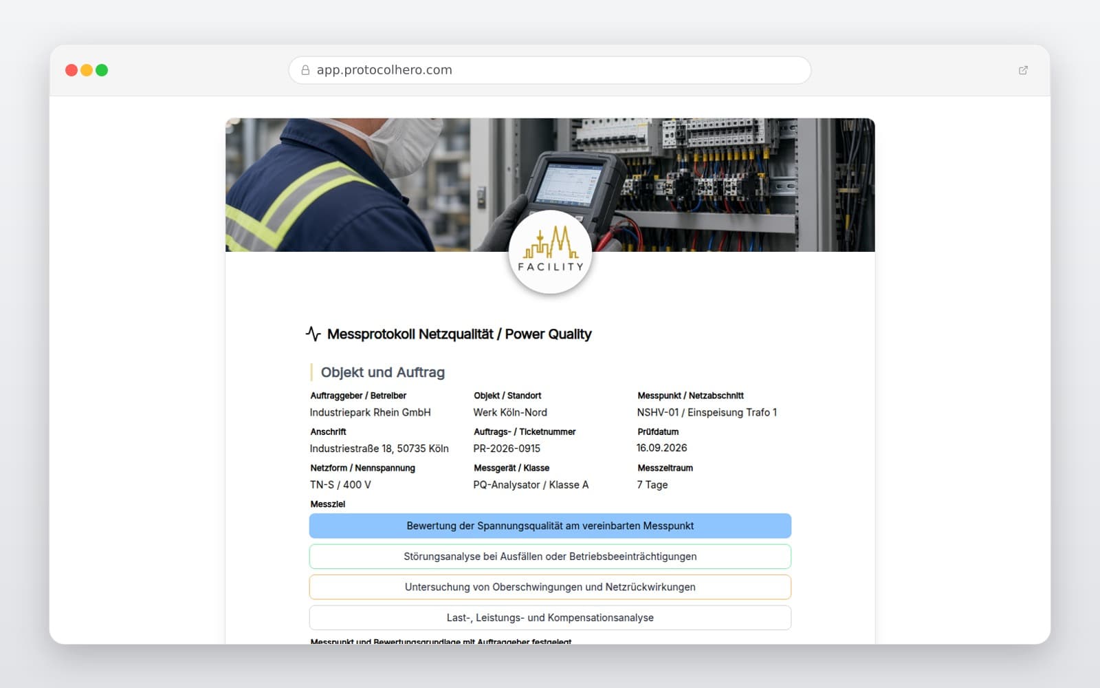 Vorschau der Vorlage „Messprotokoll Netzqualität / Power Quality"