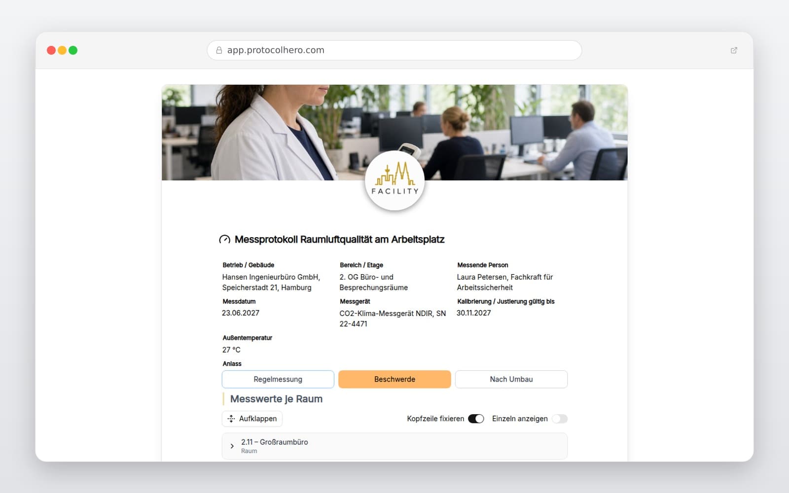 Vorschau der Vorlage „Messprotokoll Raumluftqualität am Arbeitsplatz"
