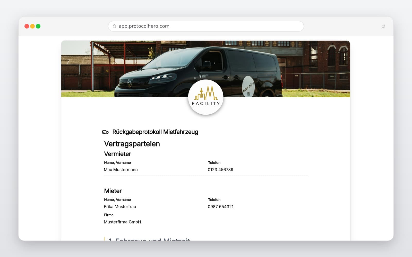 Vorschau der Vorlage „Mietwagen Rückgabeprotokoll Vorlage"