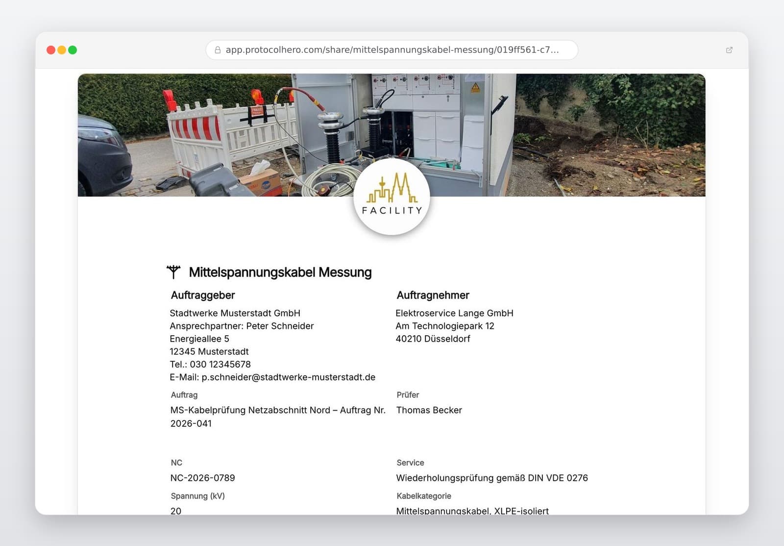 Vorschau der Vorlage „Mittelspannungskabel Messung – Prüfprotokoll Vorlage (DIN VDE 0276 / VDE 0276-620)"