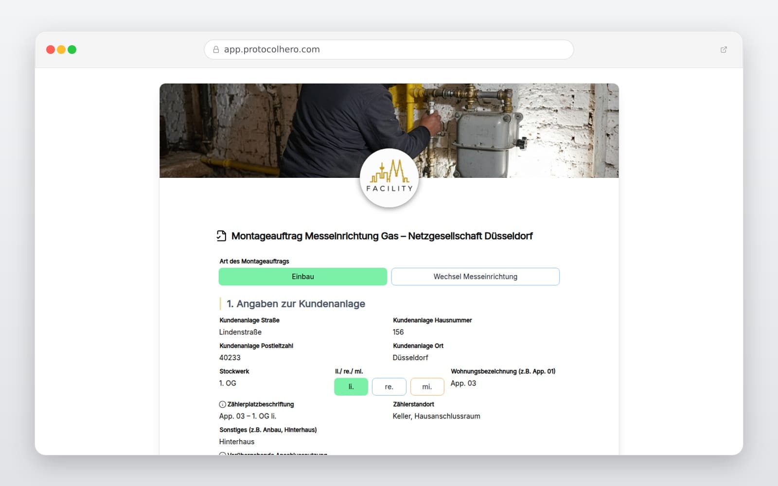 Vorschau der Vorlage „Montageauftrag Messeinrichtung Gas – Netzgesellschaft Düsseldorf"