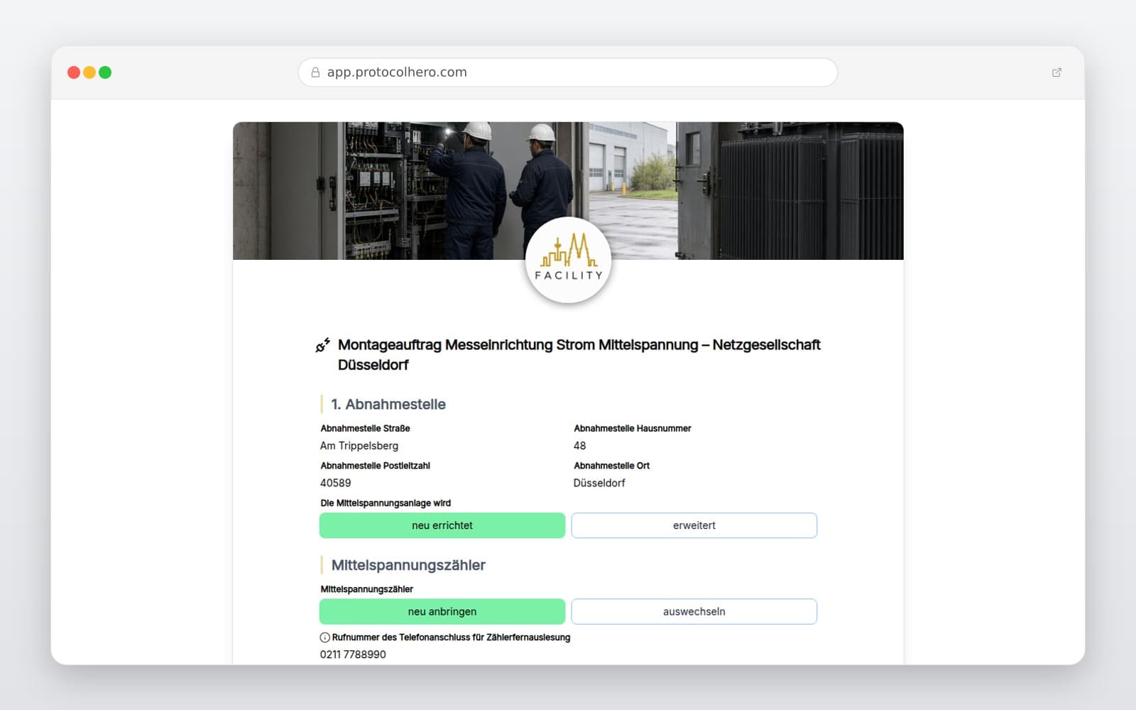 Vorschau der Vorlage „Montageauftrag Messeinrichtung Strom Mittelspannung – Netzgesellschaft Düsseldorf"