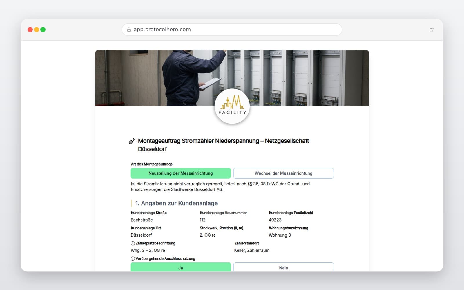 Vorschau der Vorlage „Montageauftrag Stromzähler Niederspannung – Netzgesellschaft Düsseldorf"