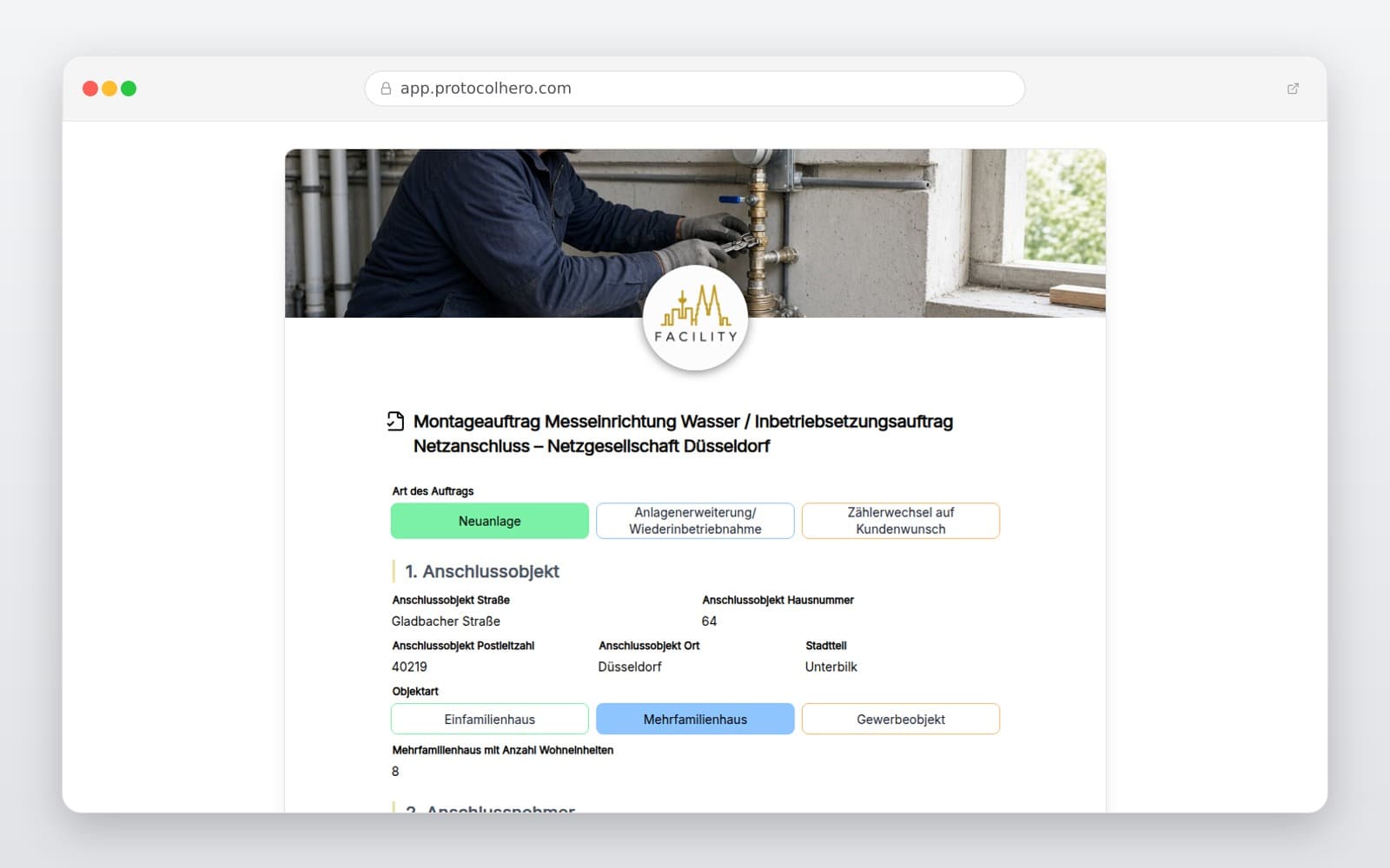Vorschau der Vorlage „Montageauftrag Messeinrichtung Wasser / Inbetriebsetzungsauftrag Netzanschluss – Netzgesellschaft Düsseldorf"