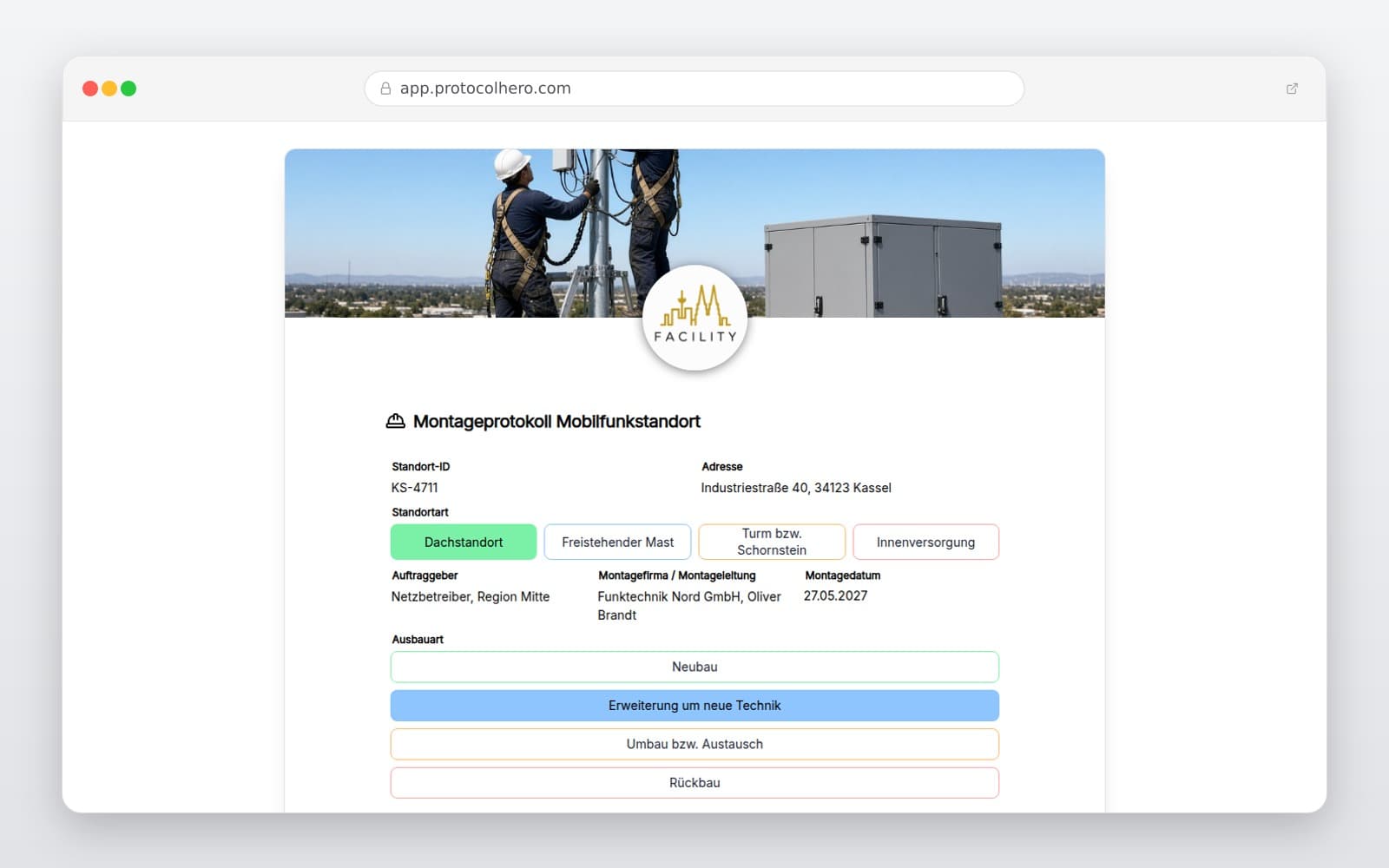 Vorschau der Vorlage „Montageprotokoll Mobilfunkstandort"