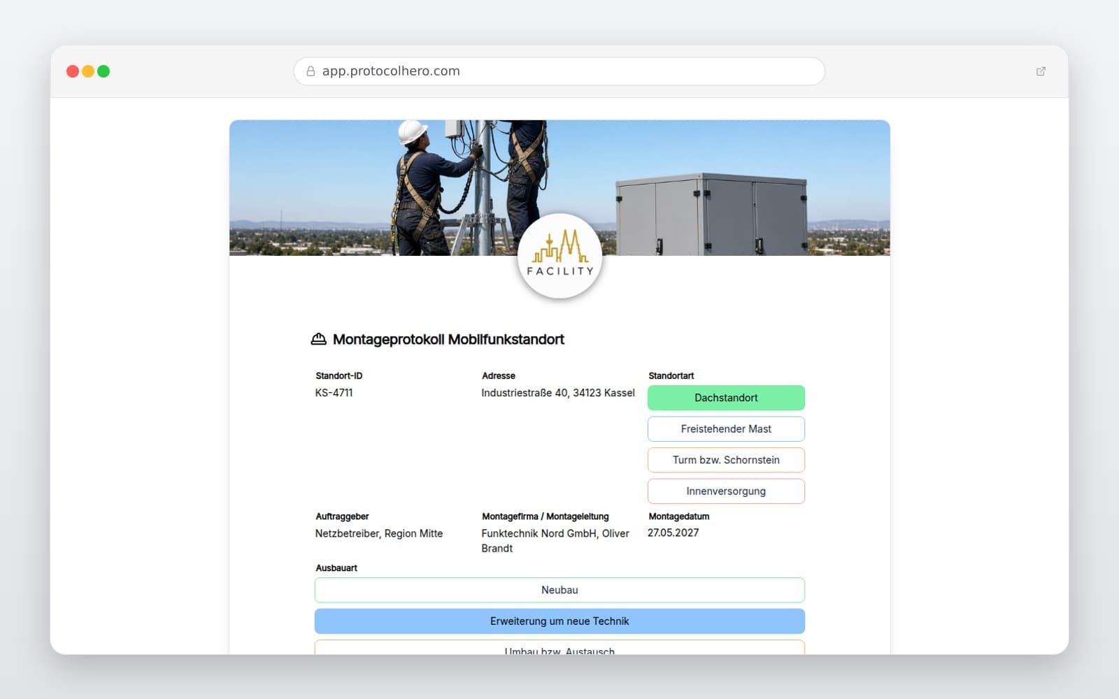 Vorschau der Vorlage „Montageprotokoll Mobilfunkstandort"