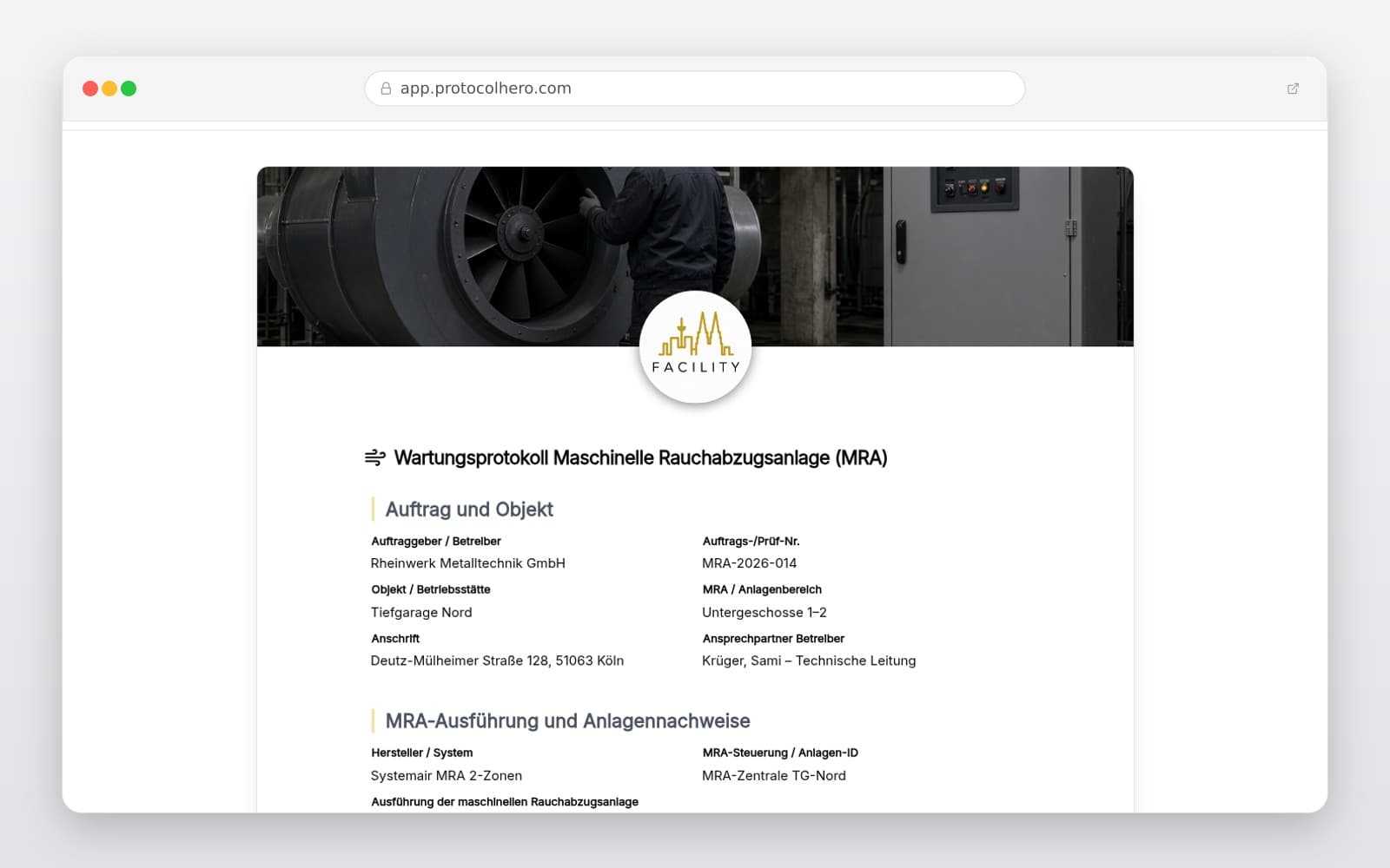 Vorschau der Vorlage „MRA Wartungsprotokoll – Vorlage für maschinelle Rauchabzugsanlagen"