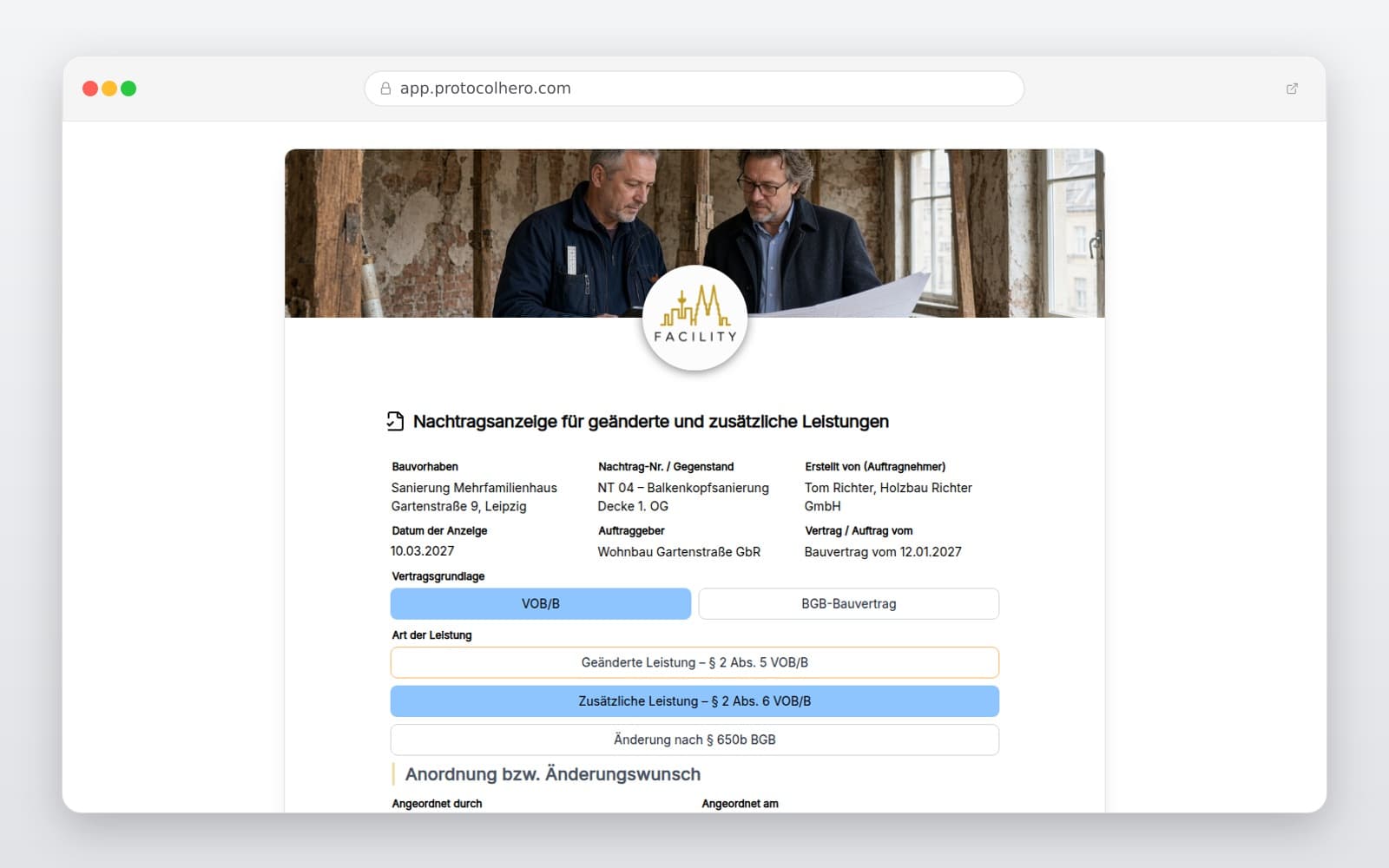 Vorschau der Vorlage „Nachtragsanzeige für geänderte und zusätzliche Leistungen"