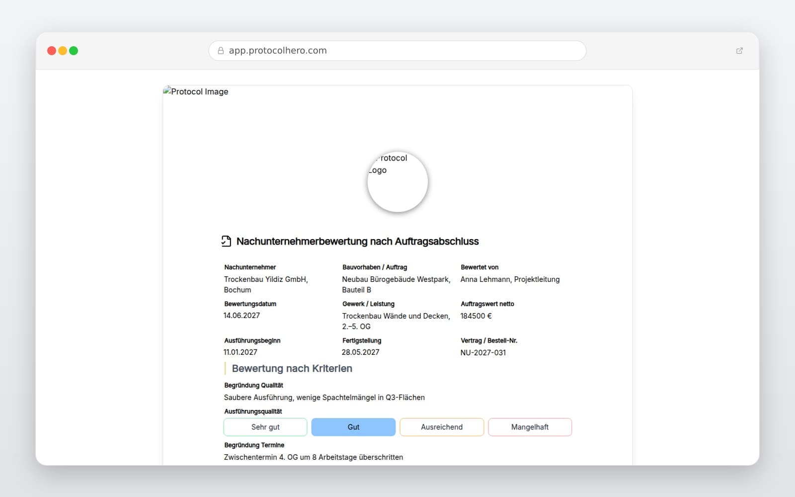 Vorschau der Vorlage „Nachunternehmerbewertung nach Auftragsabschluss"