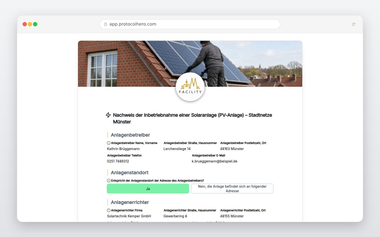 Vorschau der Vorlage „Nachweis der Inbetriebnahme einer Solaranlage (PV-Anlage) – Stadtnetze Münster"