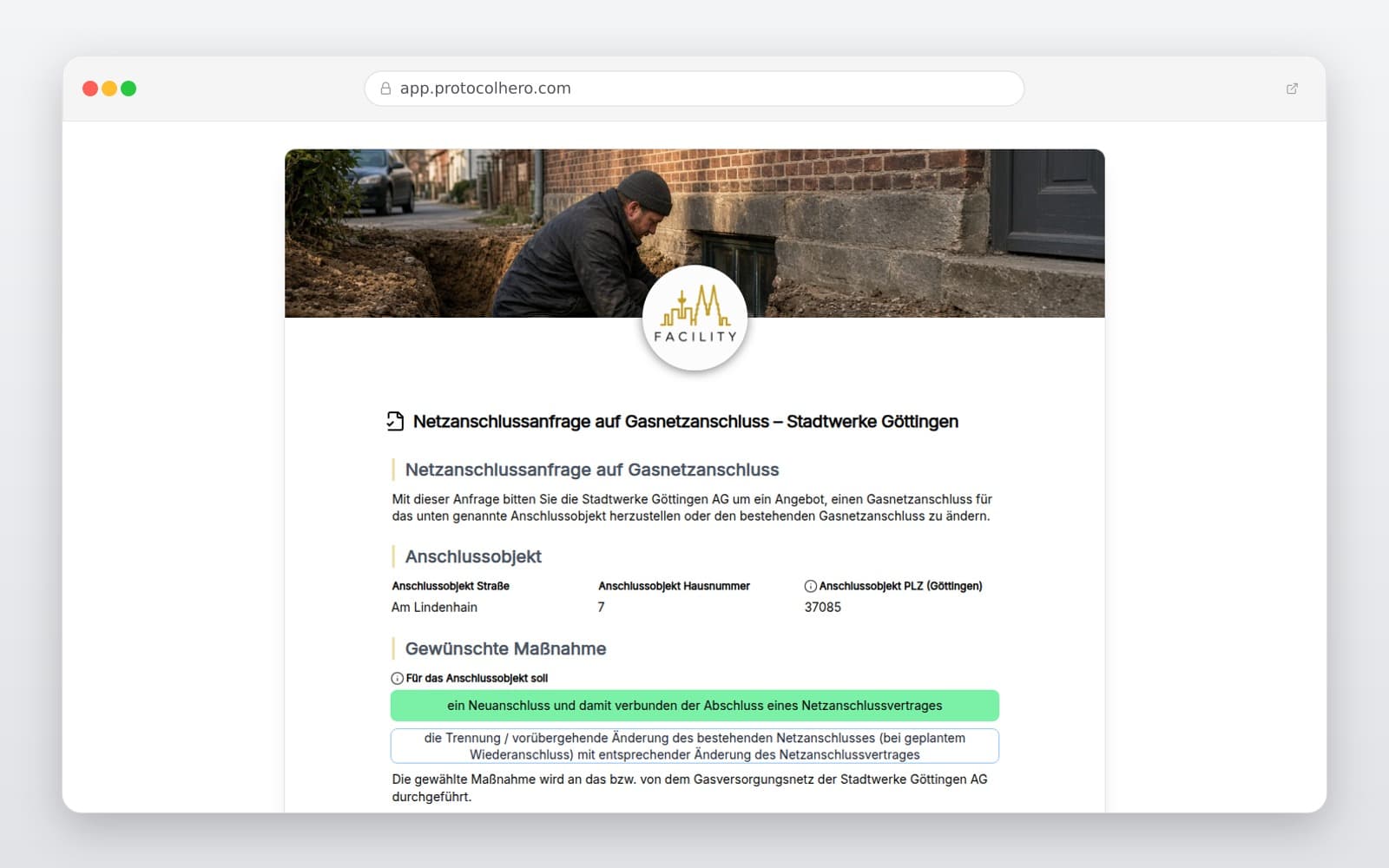 Vorschau der Vorlage „Netzanschlussanfrage auf Gasnetzanschluss – Stadtwerke Göttingen"