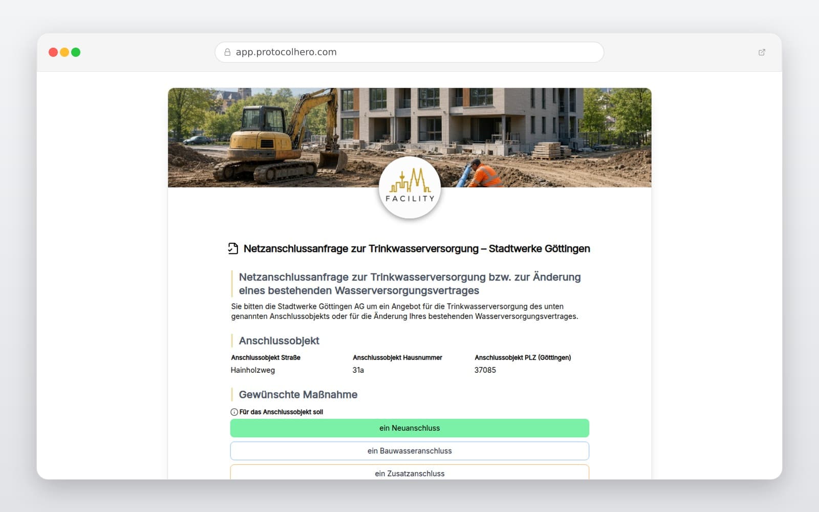 Vorschau der Vorlage „Netzanschlussanfrage zur Trinkwasserversorgung – Stadtwerke Göttingen"
