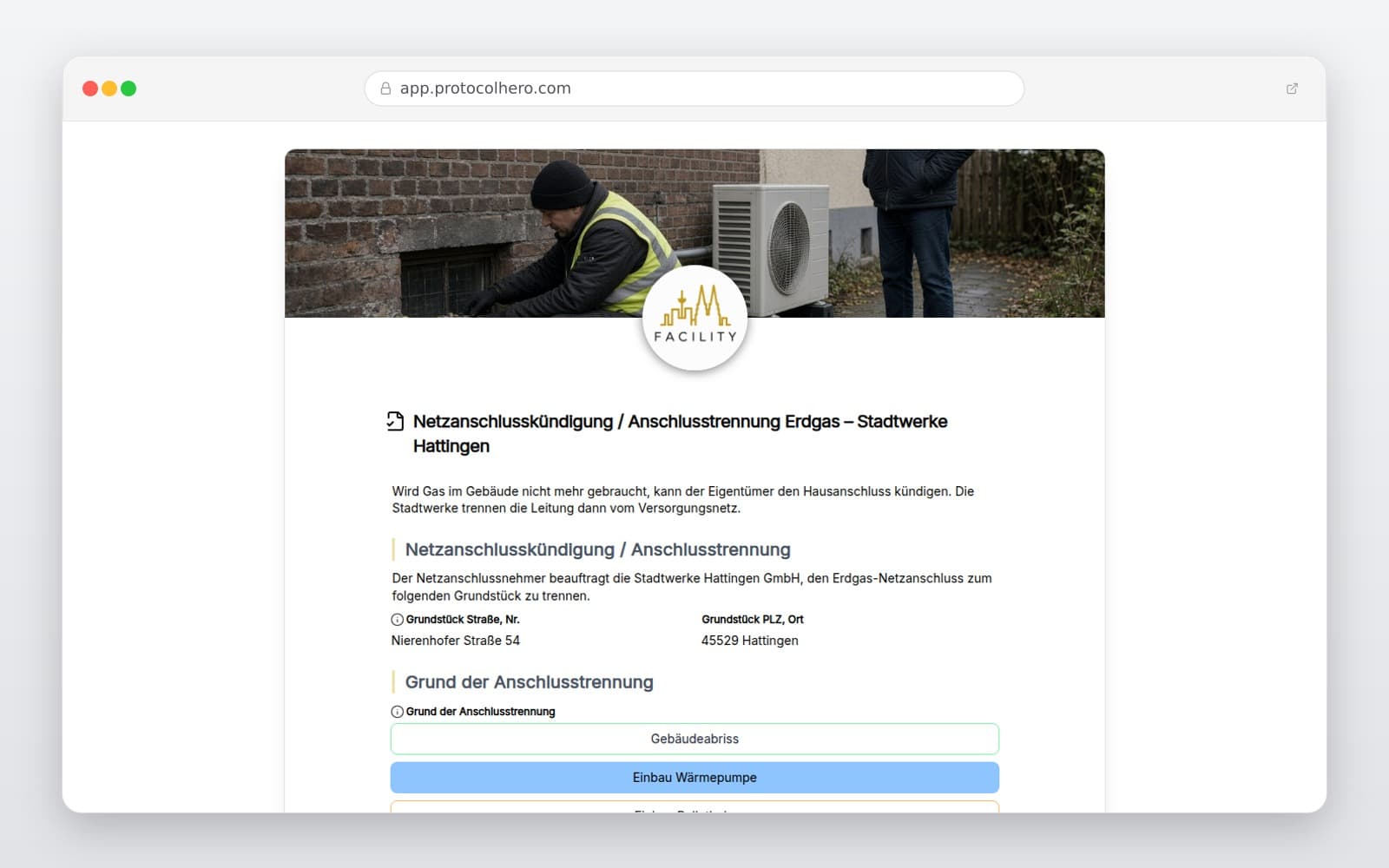 Vorschau der Vorlage „Netzanschlusskündigung / Anschlusstrennung Erdgas – Stadtwerke Hattingen"