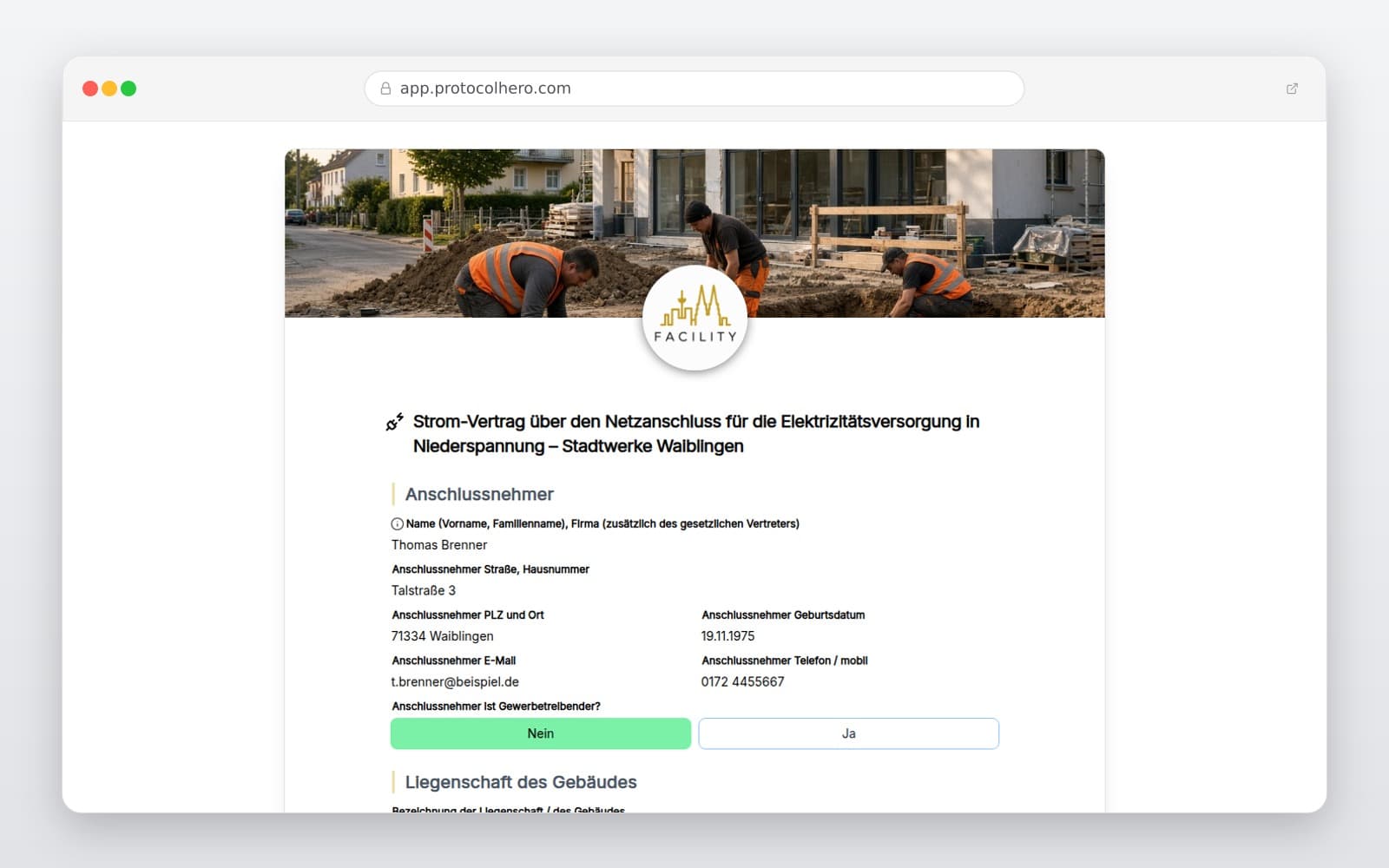 Vorschau der Vorlage „Strom-Vertrag über den Netzanschluss für die Elektrizitätsversorgung in Niederspannung – Stadtwerke Waiblingen"