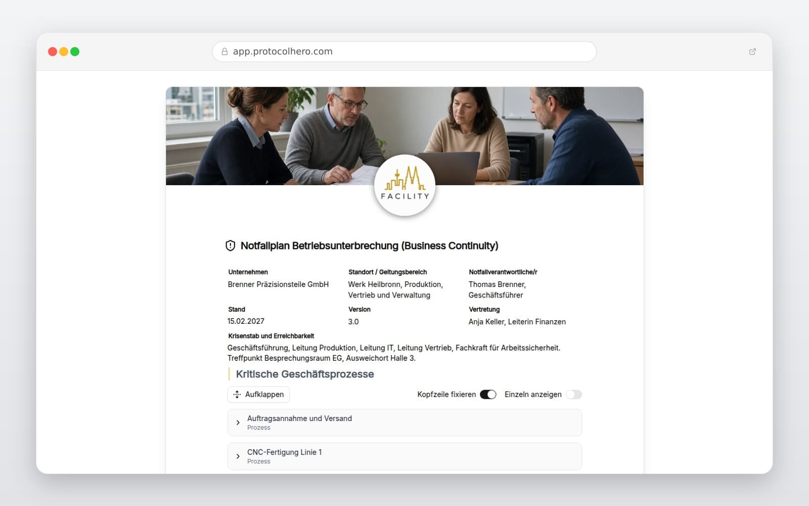Vorschau der Vorlage „Notfallplan Betriebsunterbrechung (Business Continuity)"