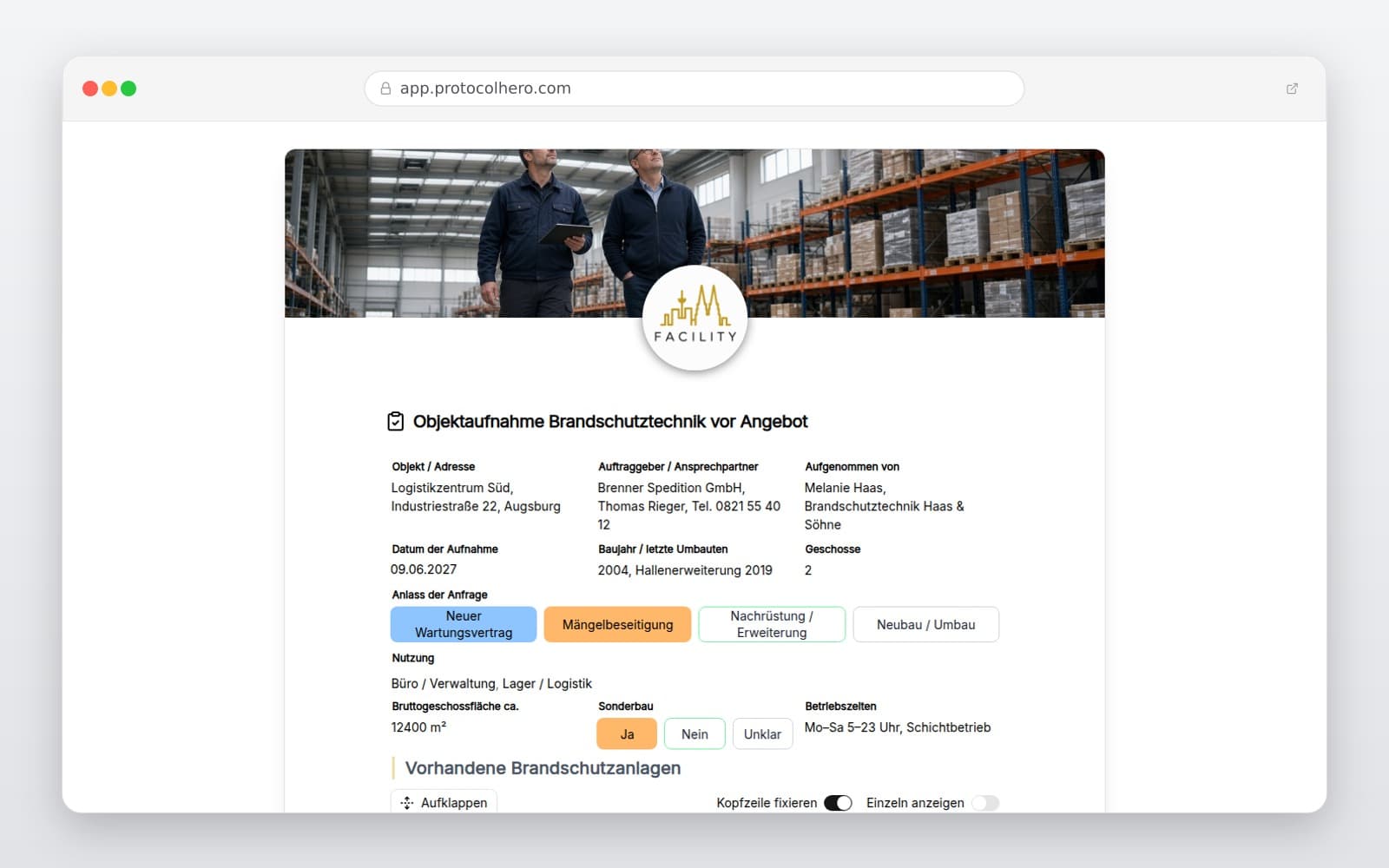 Vorschau der Vorlage „Objektaufnahme Brandschutztechnik vor Angebot"