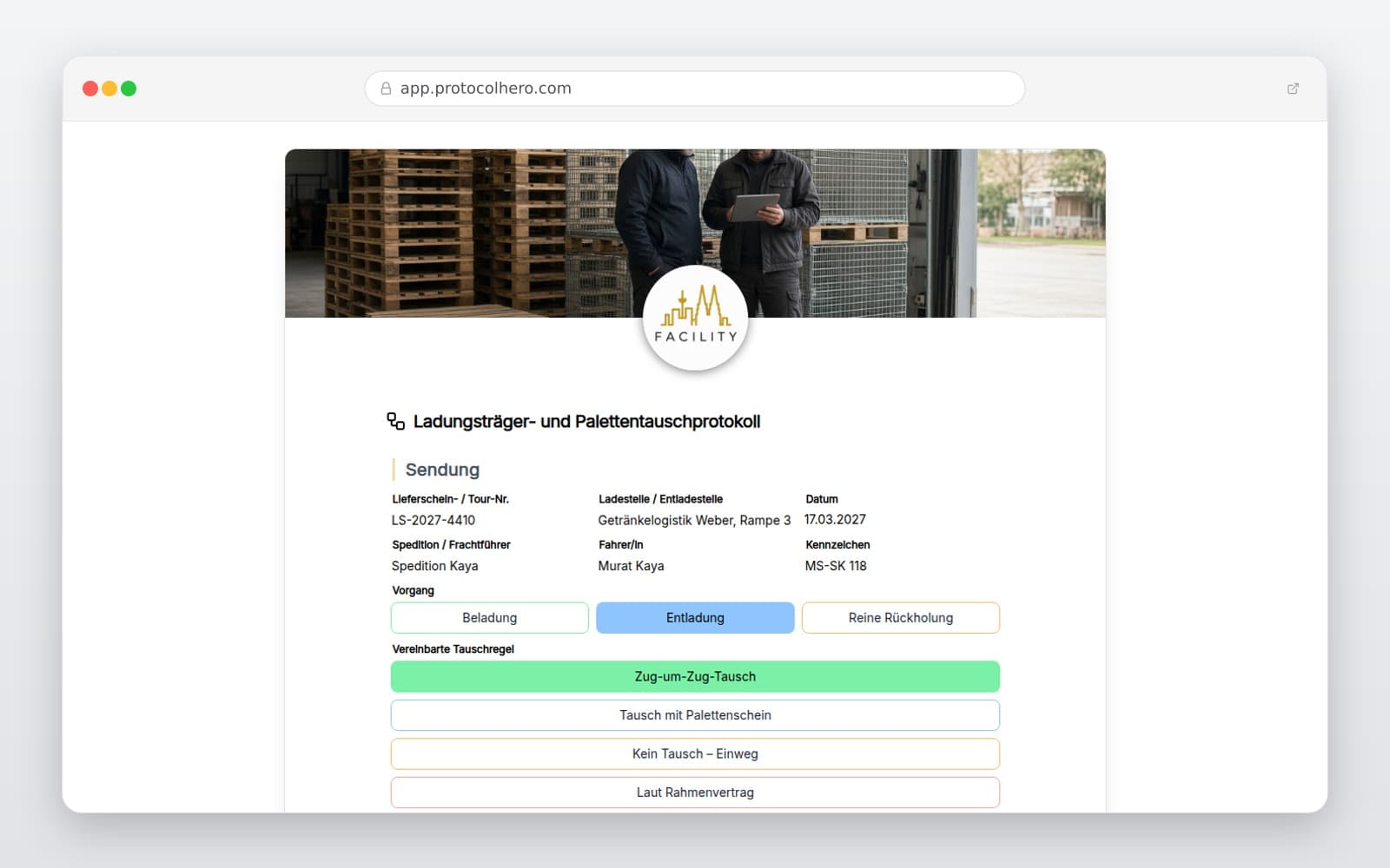 Vorschau der Vorlage „Ladungsträger- und Palettentauschprotokoll"