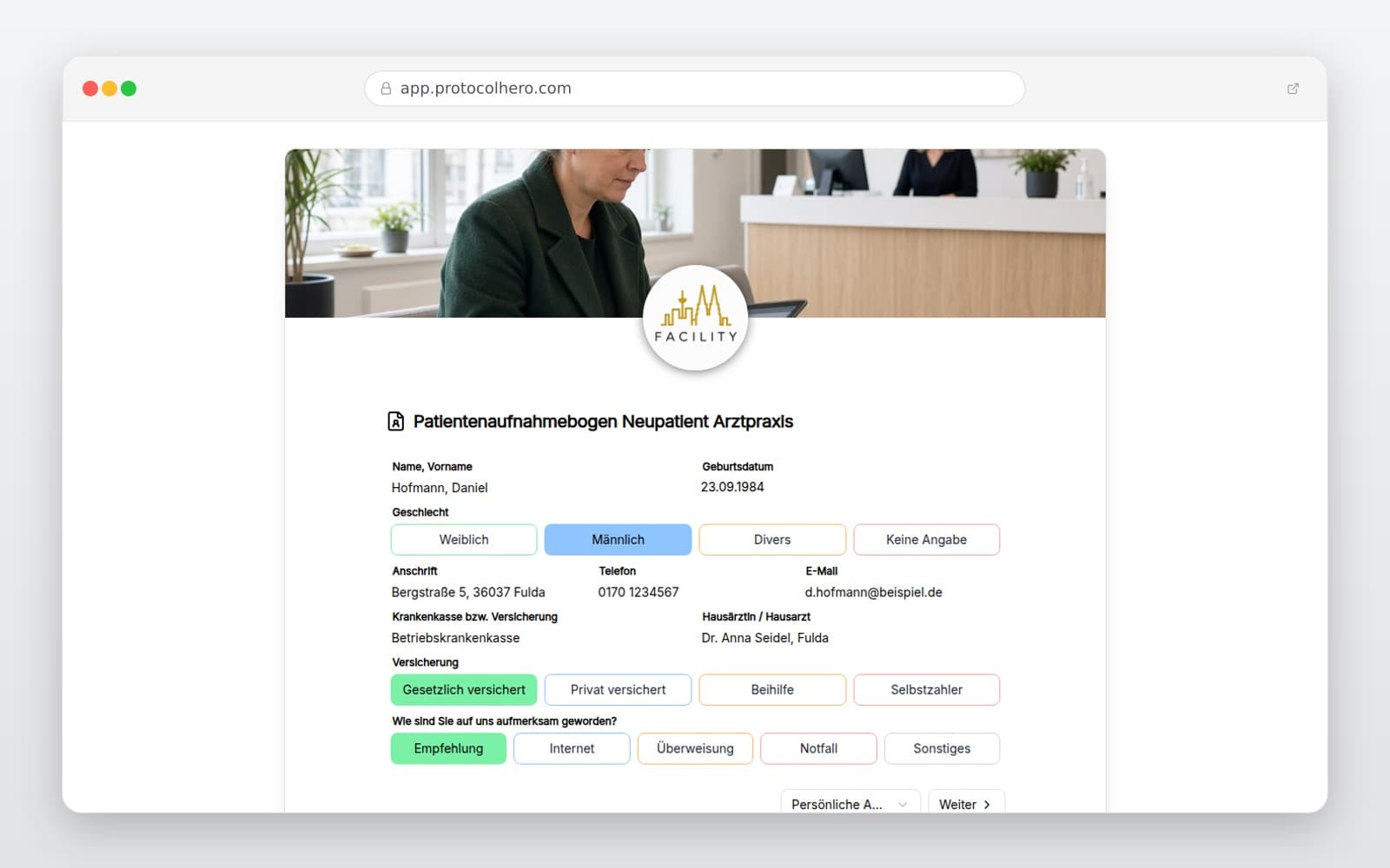 Vorschau der Vorlage „Patientenaufnahmebogen Neupatient Arztpraxis"