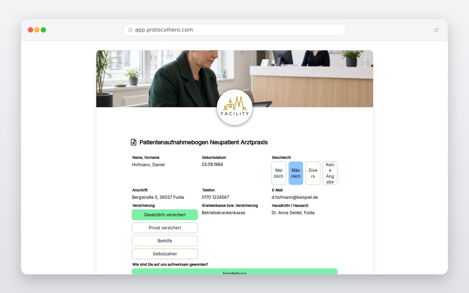 Vorschau der Vorlage „Patientenaufnahmebogen Neupatient Arztpraxis"