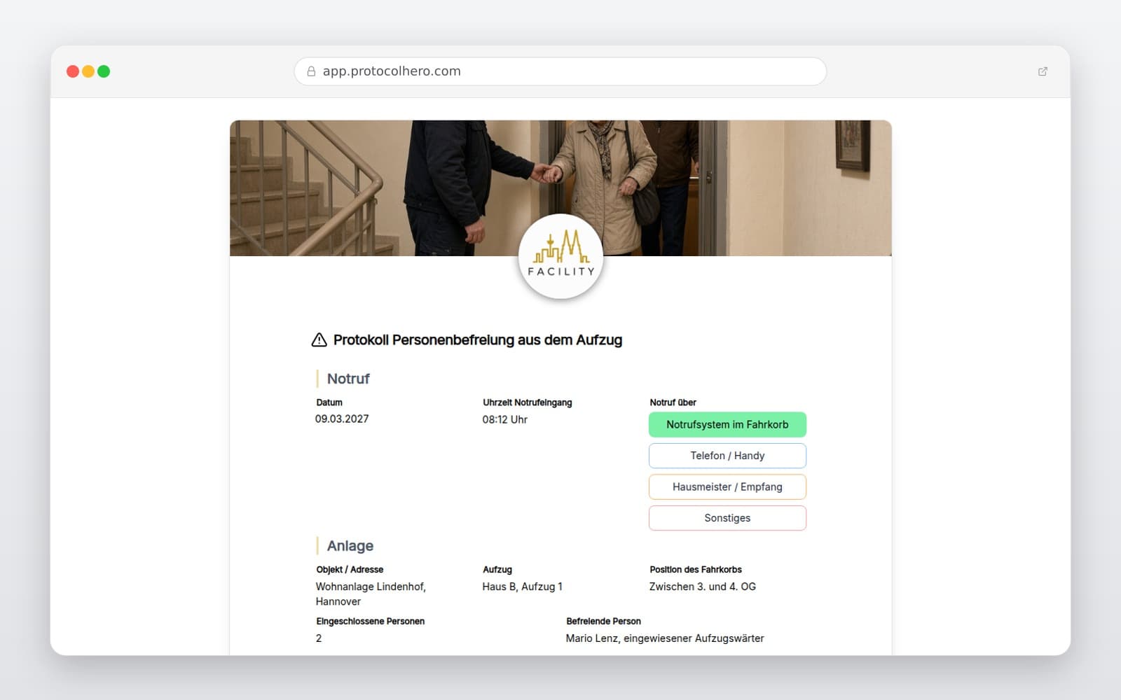 Vorschau der Vorlage „Protokoll Personenbefreiung aus dem Aufzug"