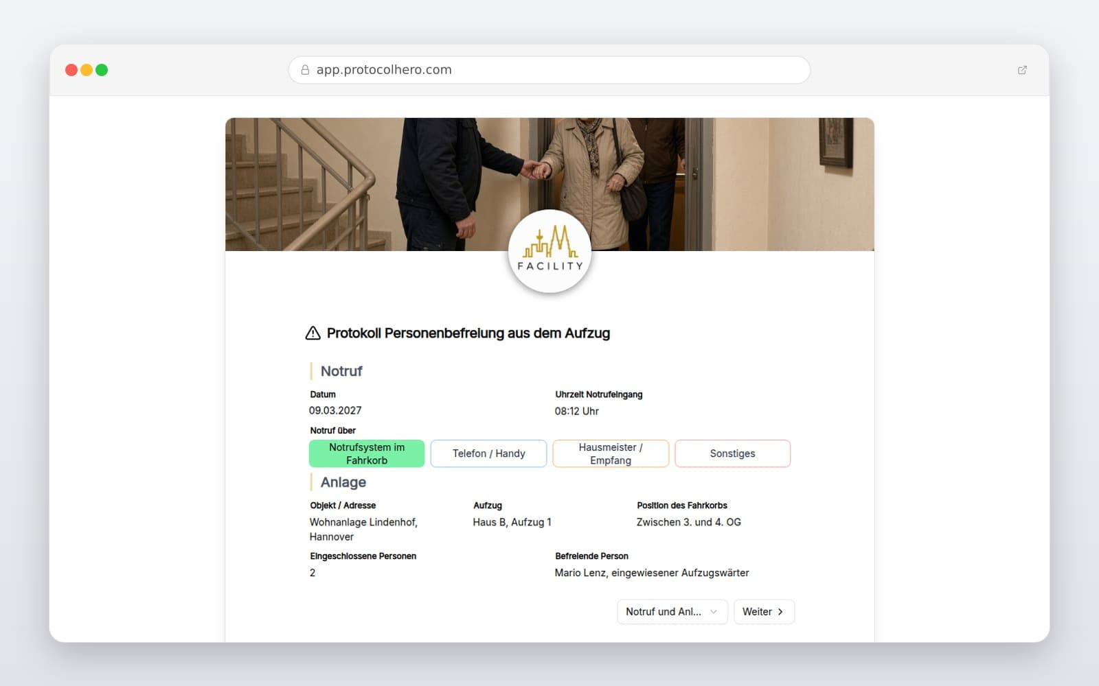 Vorschau der Vorlage „Protokoll Personenbefreiung aus dem Aufzug"