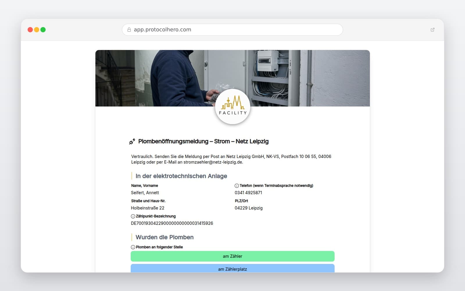 Vorschau der Vorlage „Plombenöffnungsmeldung – Strom – Netz Leipzig"