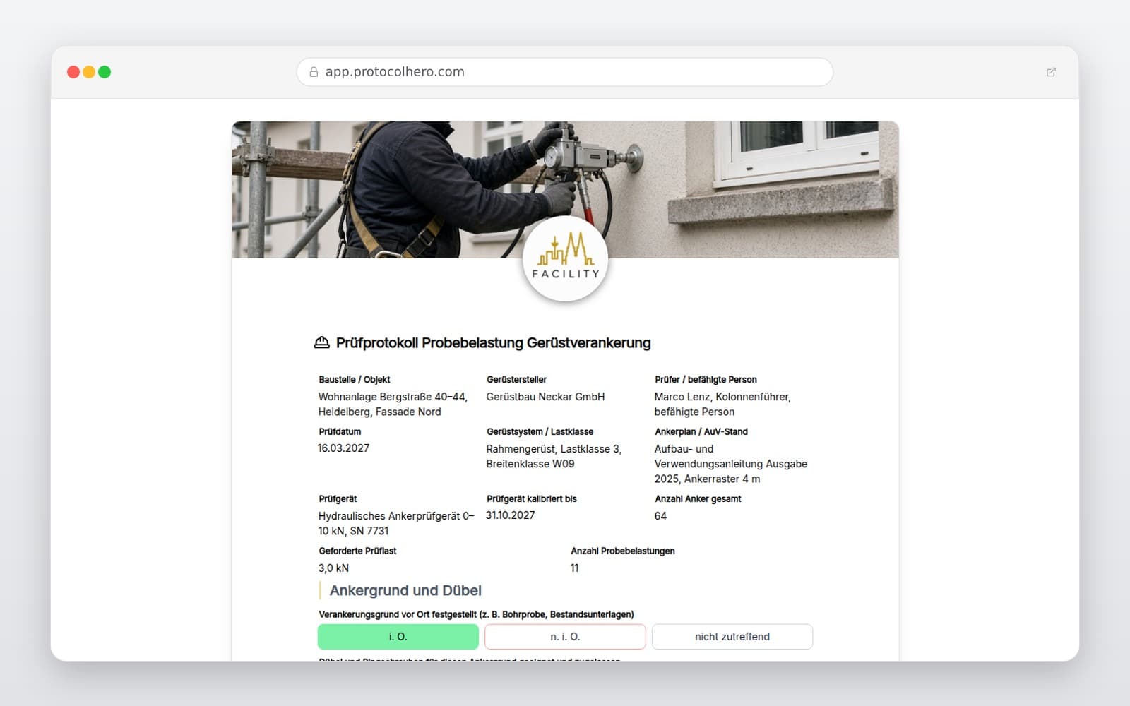 Vorschau der Vorlage „Prüfprotokoll Probebelastung Gerüstverankerung"