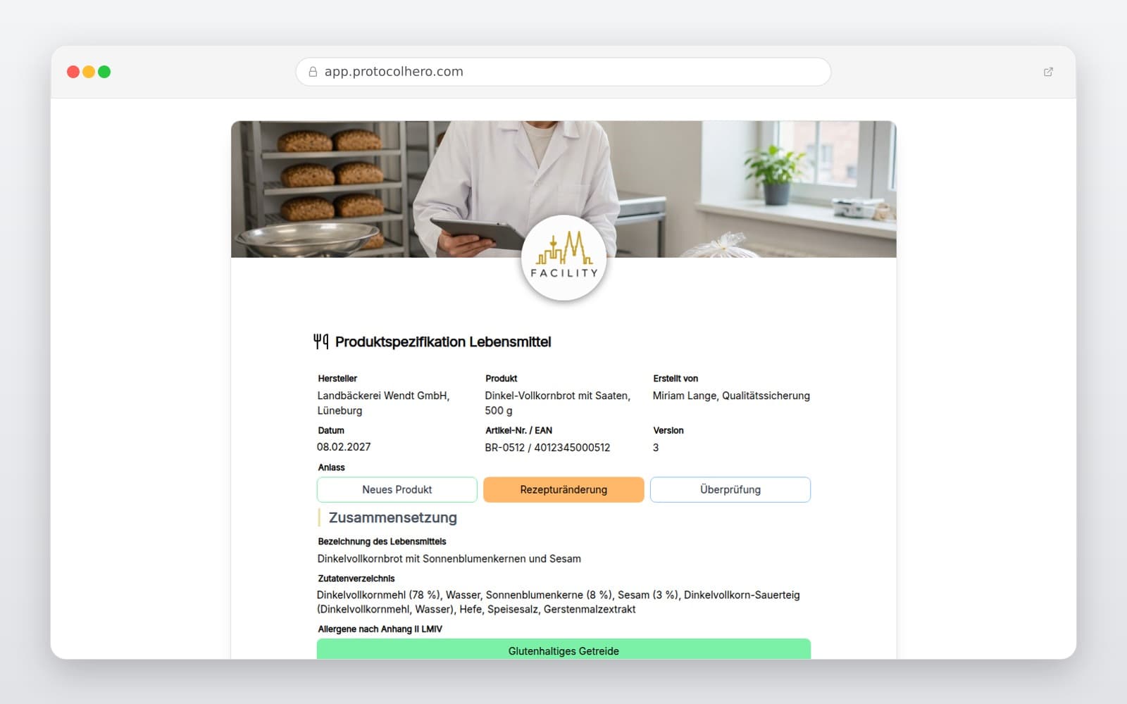 Vorschau der Vorlage „Produktspezifikation Lebensmittel"