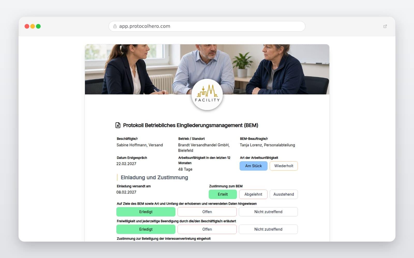 Vorschau der Vorlage „Protokoll Betriebliches Eingliederungsmanagement (BEM)"