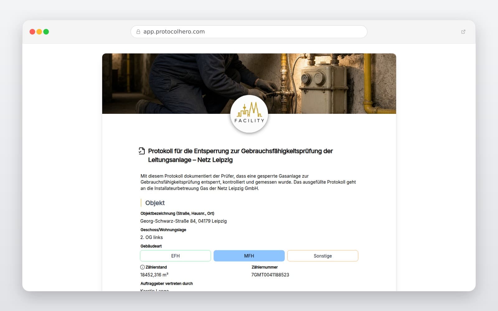 Vorschau der Vorlage „Protokoll für die Entsperrung zur Gebrauchsfähigkeitsprüfung der Leitungsanlage – Netz Leipzig"
