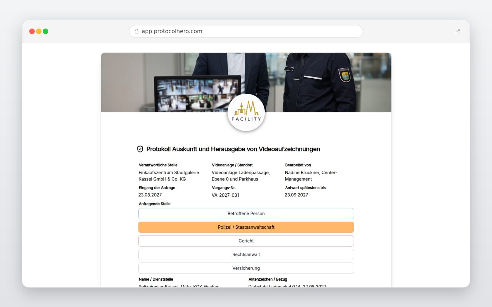 Vorschau der Vorlage „Protokoll Auskunft und Herausgabe von Videoaufzeichnungen"